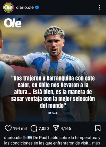 De esta forma el diario deportivo argentino replicó la respuesta de Rodrigo De Paul tras perder ante Colombia por 2-1 - crédito @diario.ole / Instagram