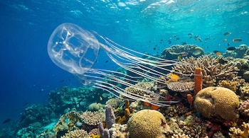 Medusa cubo translúcida nadando sobre un arrecife de coral con peces pequeños en aguas azules. La luz del sol ilumina la escena submarina.