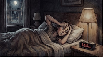Mujer acostada en cama con una mano en la frente, mira un reloj despertador digital que muestra 3:00 AM, mesita de noche, lámpara, ventana con luna.