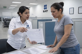 Dos mujeres en una oficina con cubículos. Una mujer con camisa blanca y logo del SAT sostiene documentos y los muestra a otra mujer.
