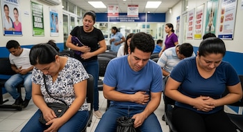 Varias personas, algunas con expresiones de malestar y tocándose el abdomen, esperan en una sala de consulta médica con carteles en las paredes.