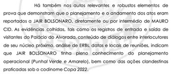 Las pruebas recogidas indican que Jair Bolsonaro tenía pleno conocimiento de la planificación operativa (rebautizada como Puñal Verde y Amarillo), así como de las acciones clandestinas llevadas a cabo bajo el nombre clave Copa del Mundo 2022, dice el informe