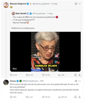 Captura de pantalla de un hilo de Twitter que muestra un tuit de Marcos Galperin. Incluye un recuadro de video con el rostro de una mujer mayor con gafas