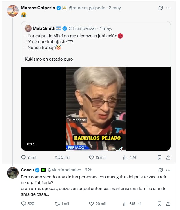 La imagen muestra un tuit de Marcos Galperin compartiendo un video viral de una jubilada que admite
