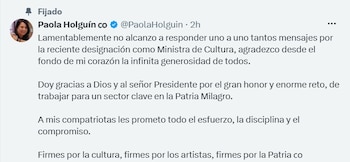 Paola Holguín se refirió a su designación como ministra de Cultura - crédito @PaolaHolguin/X
