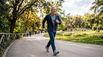Un hombre mayor vistiendo ropa deportiva azul camina por un sendero arbolado en un parque.