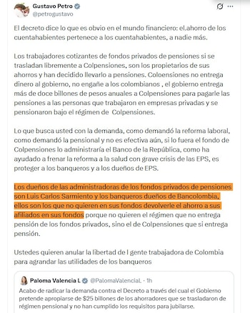 Petro señaló que las grandes organizaciones bancarias, como el grupo de Luis Carlos Sarmiento, estaban interesadas en las pensiones de los trabajadores - crédito @petrogustavo/X