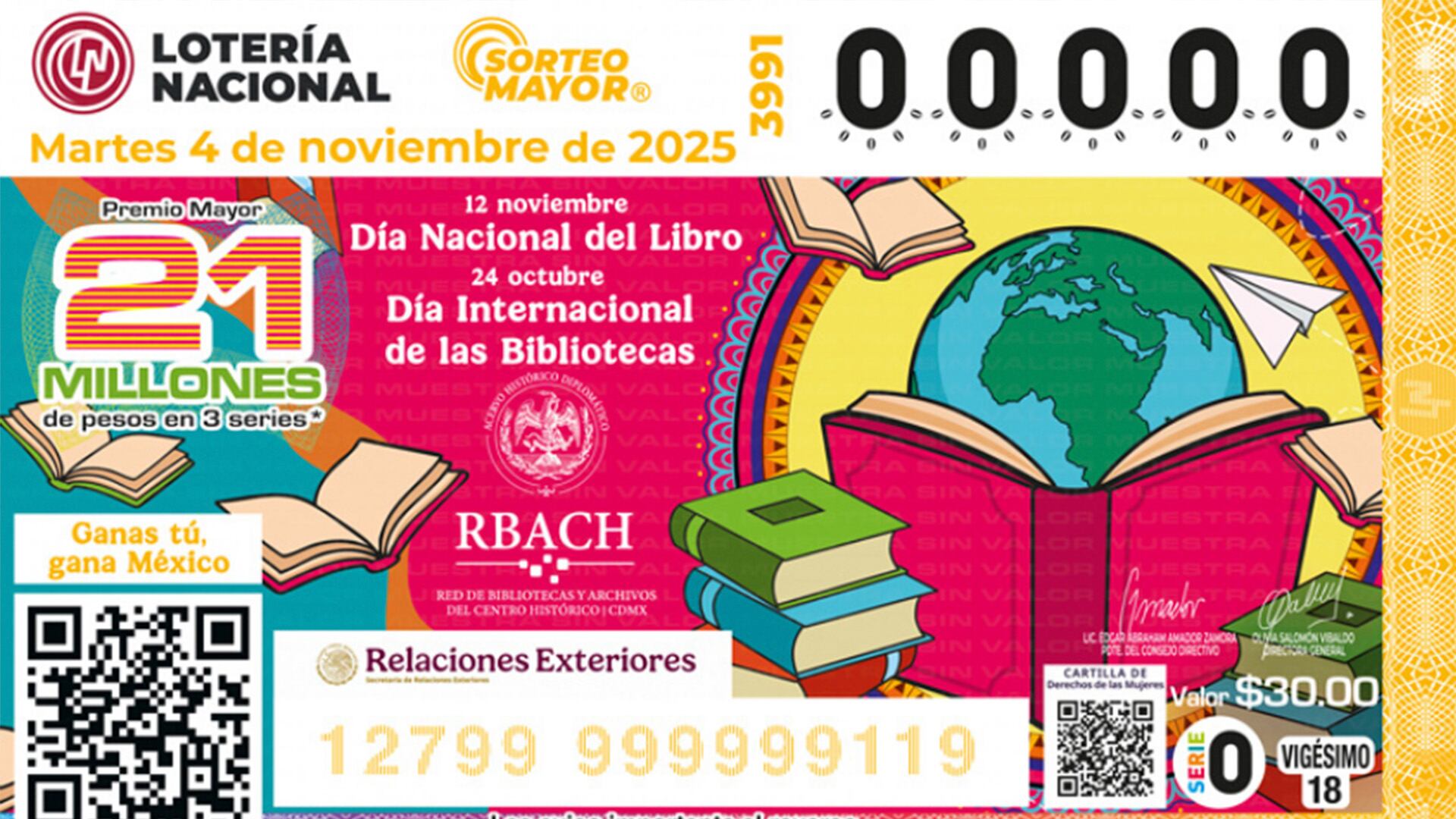 El billete del sorteo de este martes hace un homenaje al Día Nacional del Libro y al Día Internacional de las Bibliotecas, fechas claves para promover la lectura entre la sociedad mexicana.