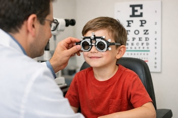 Un optometrista con bata blanca ajusta un foróptero en los ojos de un niño sonriente vestido de rojo, con una tabla optométrica al fondo.