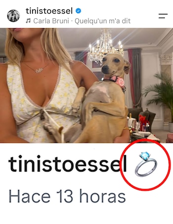 Mujer rubia sostiene un perro pequeño. De fondo, candelabro, mueble y planta. En la parte inferior, texto digital y emoji de anillo con piedra azul