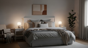 Una habitación con cama, almohadas, mantas, dos mesas de noche, dos lámparas, un sillón, una manta doblada, un cuadro, una planta y una ventana con cortinas.