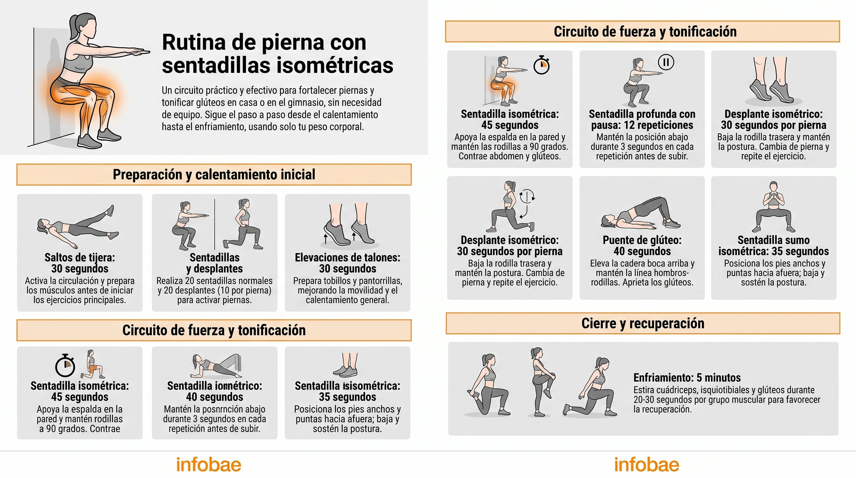 Una infografía detalla una rutina de ejercicios de pierna y glúteo con sentadillas isométricas para fortalecer y tonificar. (Imagen Ilustrativa Infobae)
