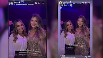 Captura de pantalla de historias de Instagram con Ethel Pozo y Brunella Horna sonriendo juntas en un espacio con luz morada
