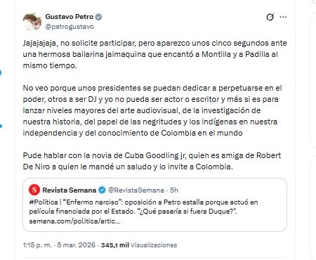El presidente Gustavo Petro se refirió a su participación en la película sobre el almirante Padilla que financió parcialmente el Gobierno - crédito @petrogustavo/X