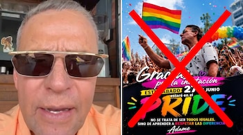 Collage con un hombre de mediana edad con gafas de sol a la izquierda, y un cartel de evento Pride tachado con una "X" roja a la derecha.