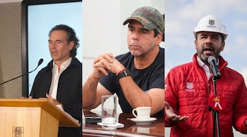 Collage de tres alcaldes: Federico Gutiérrez en un podio, Jaime Pumarejo en una mesa con café, y Alejandro Éder con casco blanco y chaqueta roja.