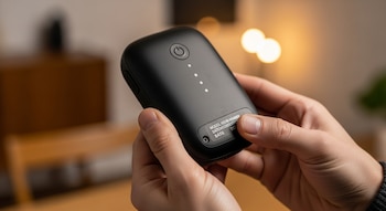 Manos sosteniendo un calentador de manos portátil negro con un botón de encendido, luces indicadoras y una etiqueta con número de modelo y lote en la parte inferior.