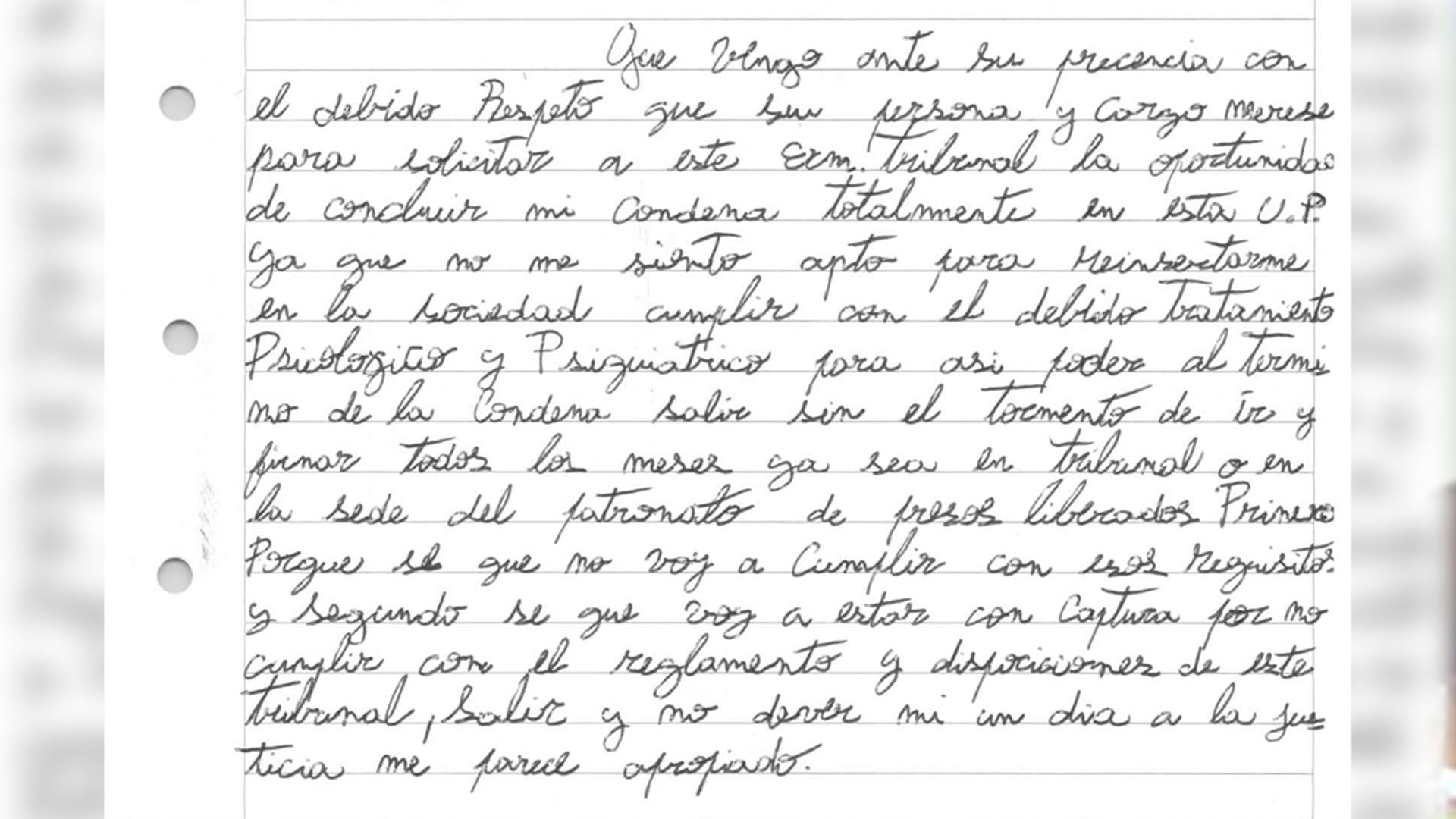 Fragmento de la carta que Augusto Pacicco presentó ante el TOF N° 3 de Córdoba para que no le concedan la libertad.