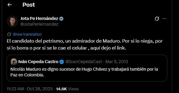 Jota Pe Hernández recordó vieja publicación de Iván Cepeda - crédito @JotaPeHernandez