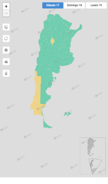 Mapa de la República Argentina dividido por sectores en verde y amarillo, con botones de fechas e iconos meteorológicos en el margen izquierdo