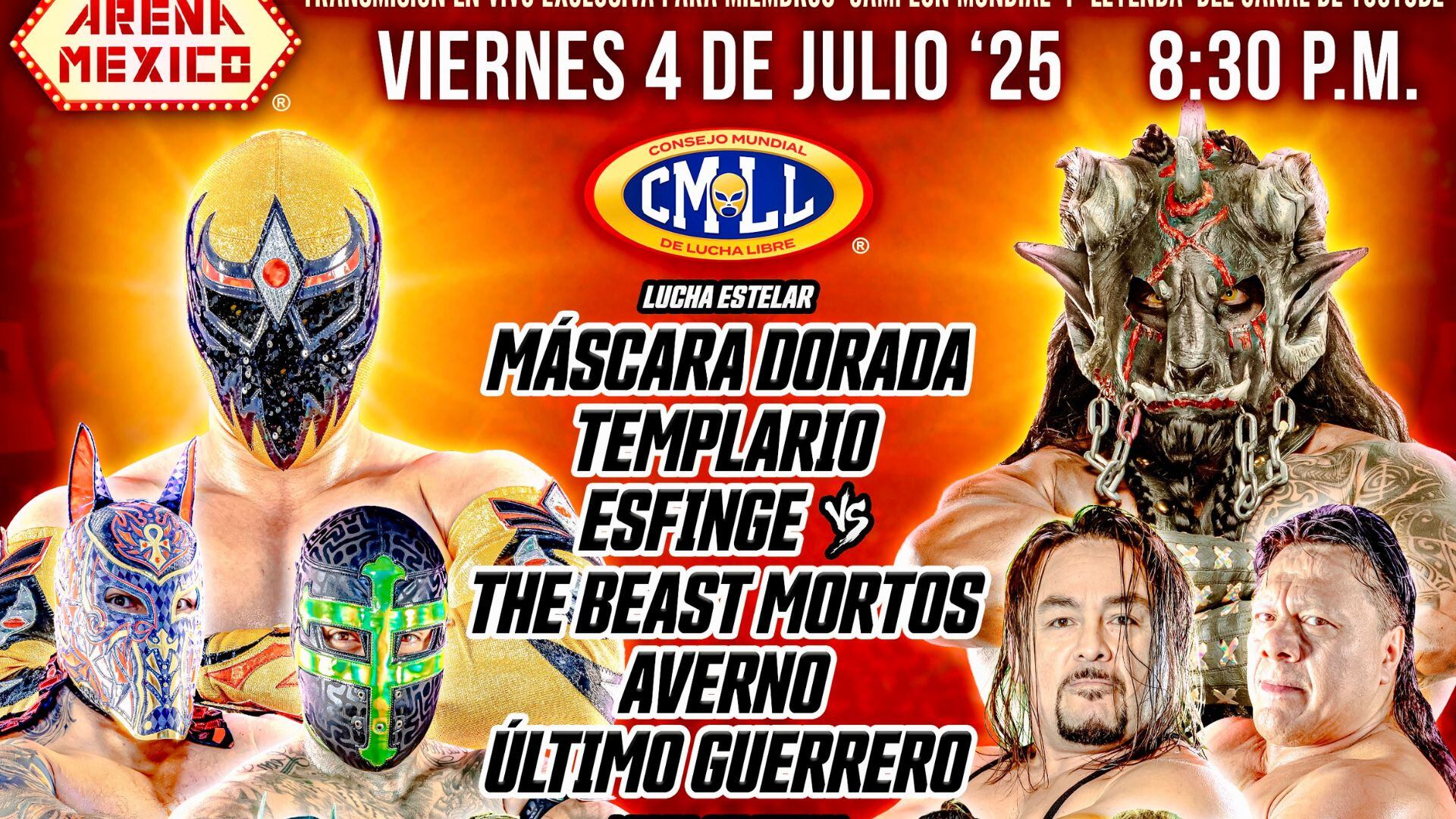 La tercia ruda conformada por Último Guerrero, Averno y The Beast Mortos buscará imponer su poder ante el dinamismo técnico de Máscara Dorada, Templario y Esfinge, en un duelo que enfrentará experiencia, fuerza e impacto internacional. (Cortesía CMLL)