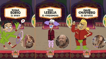 Tres paneles: personajes animados Vicky, Chiquimoco y Refugio de Circo Gómez. Abajo, fotos de sus actores de voz, Diana Bovio, Teco Lebrija y Omar Chaparro