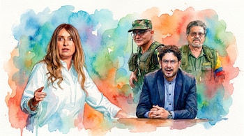 Ilustración acuarela de Paloma Valencia señalando a la derecha a Iván Cepeda, Iván Mordisco e Iván Márquez