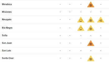 Tabla con lista de provincias argentinas. Se muestran iconos de alertas por nieve, lluvia y viento dentro de triángulos amarillos y naranjas