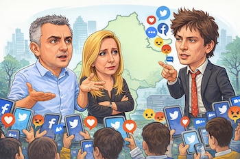 Caricatura de tres figuras (dos hombres, una mujer) frente a un mapa de Buenos Aires, rodeados de smartphones con logos de redes sociales y emojis de descontento.