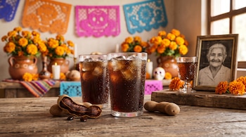 Vasos con bebida oscura y hielo, vainas de tamarindo, flores de cempasúchil, papel picado y un retrato enmarcado sobre una mesa de madera.
