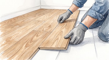 Ilustración de unos brazos con guantes de protección que instalan tablas de piso laminado de madera.