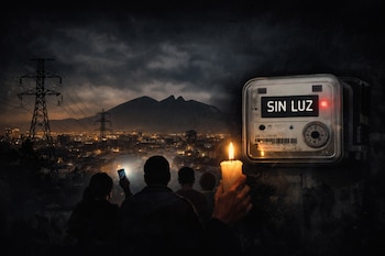 Cielo nocturno, montañas, torres de alta tensión, luces de ciudad, personas con velas y pantallas de teléfonos móviles iluminadas, medidor eléctrico con 'Sin Luz'.