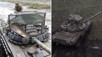 Tanques rusos con estructuras metálicas
