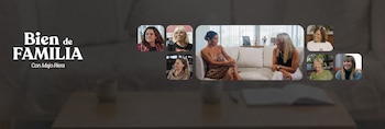 Gráfico con título "Bien de FAMILIA Con Majo Riera", una mujer entrevistando a otra en un sofá y seis retratos de mujeres