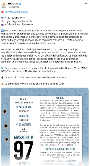 Hallaron tres cuerpos con signos de tortura en una zona rural de Segovia, Antioquia - crédito @Indepaz/X