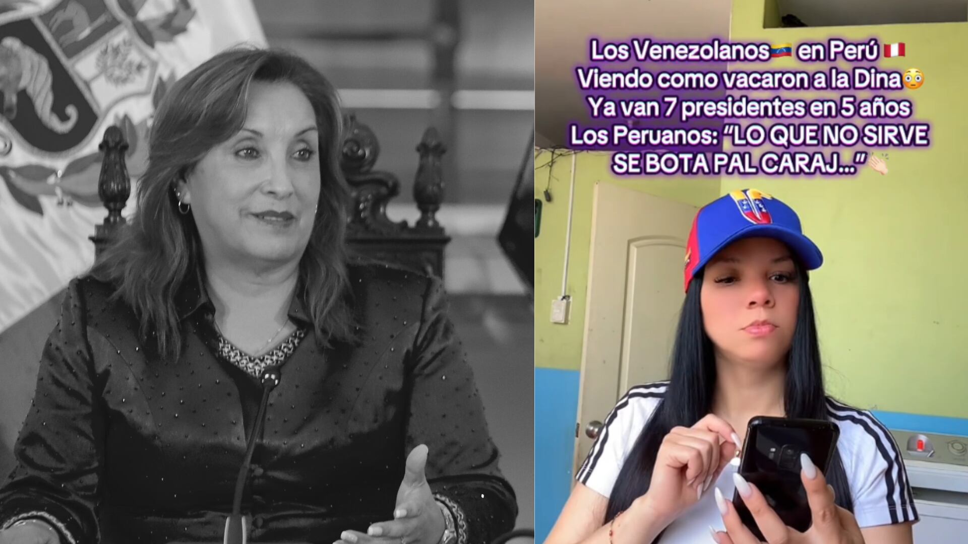 Una ciudadana venezolana reaccionó en TikTok a la vacancia de Dina Boluarte con humor. Foto: Composición Infobae Perú