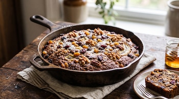 Una sartén de hierro con un panqué decorado con nueces y arándanos, una rebanada en un plato, un tenedor y un frasco de miel sobre madera.
