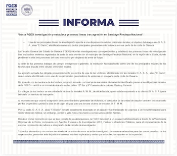 Esto dijo la Fiscalía de Oaxaca tras la agresión que dejó tres hombres sin vida. Crédito: FGEO