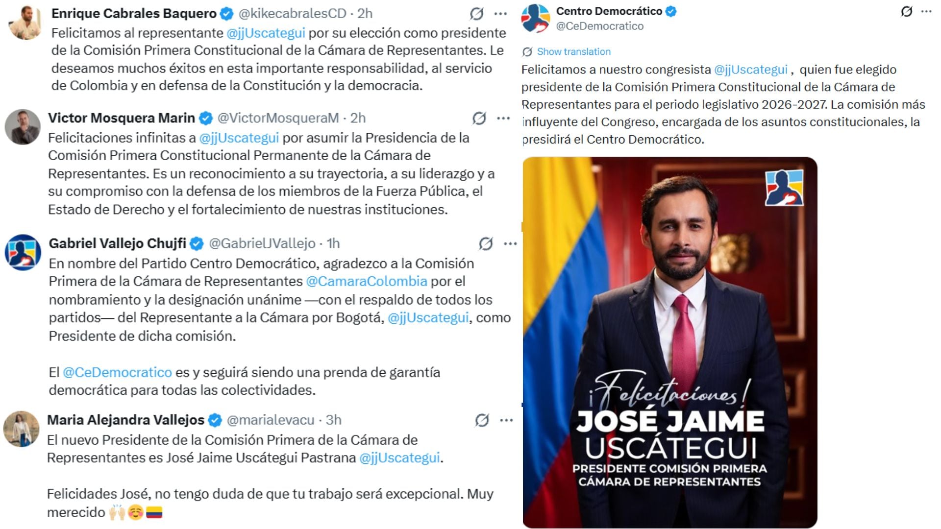 Dirigentes políticos, congresistas y el Centro Democrático felicitaron a José Jaime Uscátegui por su elección al frente de la Comisión Primera. - crédito X