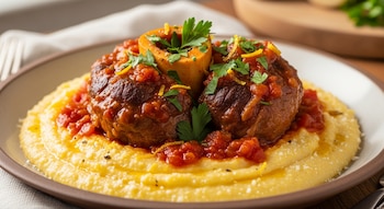 Primer plano de un plato con polenta amarilla cremosa, cubierta con dos porciones de osobuco en salsa roja, decorado con perejil y ralladura de limón.