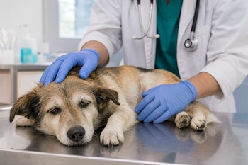 Un perro yace en una mesa metálica mientras un veterinario con guantes azules y estetoscopio apoya sus manos sobre su cabeza y cuerpo.