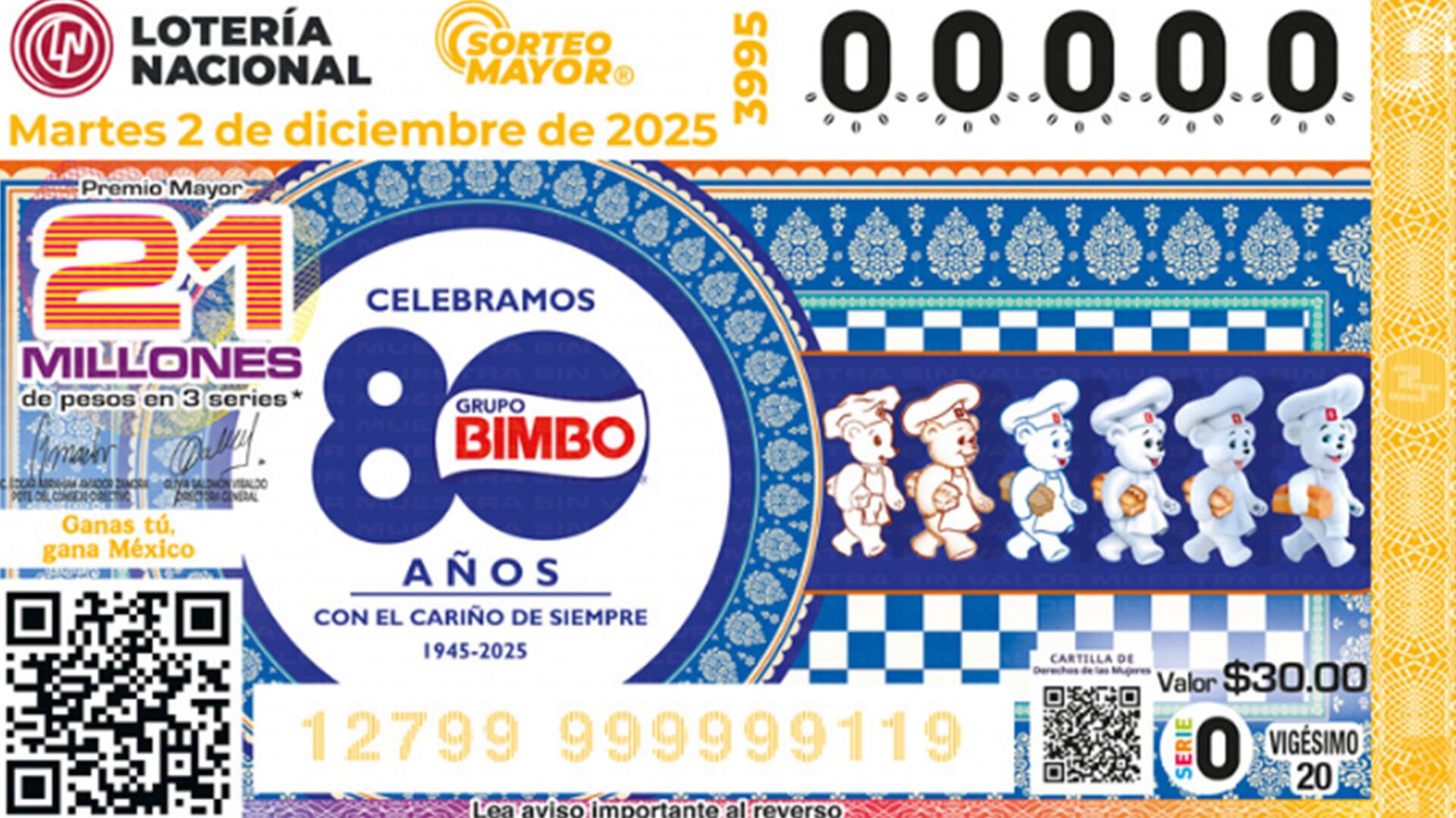 El billete de lotería de este sorteo hace referencia a los 80 años de la fundación del grupo bimbo.Crédito: Loteria Nacional