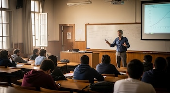 Un profesor gesticula frente a una pizarra y una pantalla de proyección en un aula. Varios estudiantes lo escuchan sentados en sus pupitres.