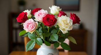 Un ramo de rosas rojas, rosadas y blancas en un jarrón blanco cerámico sobre una mesa de madera, con un fondo interior desenfocado.