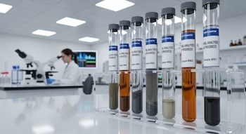 Rack con seis tubos de ensayo etiquetados 'VIRAL ANALYSIS IN PROGRESS' que contienen muestras de líquidos y sólidos de varios colores. Científica en el fondo.