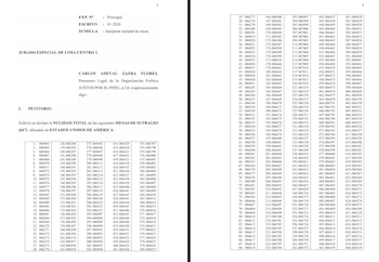 Documento legal en español con el encabezado 'PETITORIO' de Juntos por el Perú, listando números de mesas de sufragio para su anulación