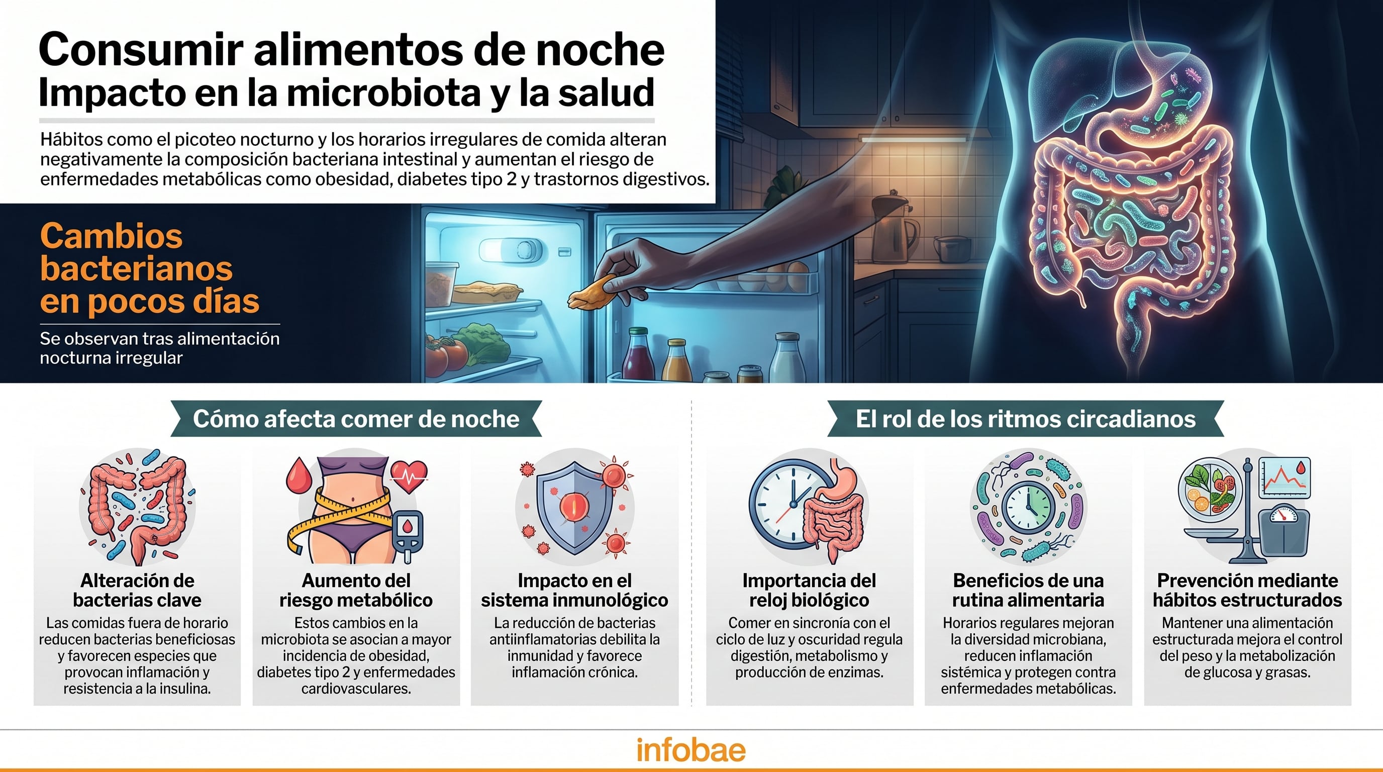 Las personas que practican el late-night snacking presentan una disminución de bacterias beneficiosas y un aumento de especies vinculadas a inflamación y resistencia a la insulina - Imagen Ilustrativa Infobae