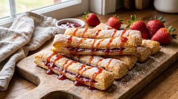 Palitos de hojaldre con mermelada y azúcar glas sobre una tabla de madera, junto a fresas frescas, un cuenco con mermelada y un paño.