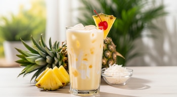Vaso alto con piña colada y hielo, decorado con una rodaja de piña y cereza. Junto a él, piña fresca en trozos, la parte superior de una piña y coco rallado en un bol.