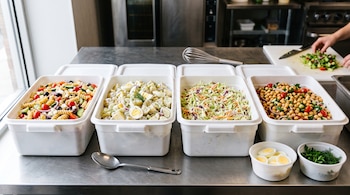 Cuatro recipientes blancos de plástico contienen ensaladas de pasta, papa, col y garbanzos sobre un mostrador metálico con utensilios.